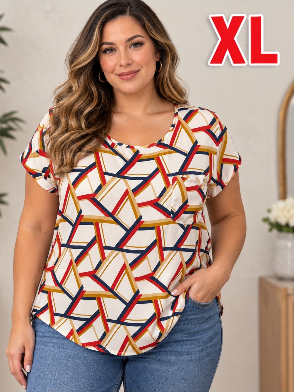 Lily White Geometric Short-Sleeve Top - White, Navy, Red, Mustard SIZE XL